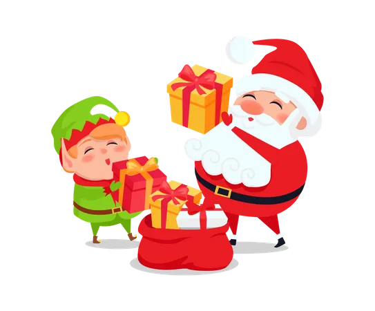 Santa y Elf con regalos y bolsas de regalo.  Ilustración