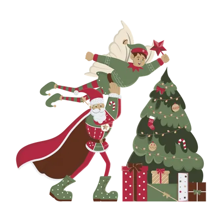 Santa y duende decorando el árbol  Ilustración