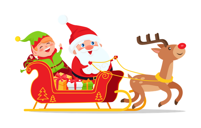 Papá Noel y elfo en un carruaje de ciervos camino a llevar regalos a todos los hogares  Ilustración