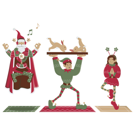 Papá Noel y elfo hacen yoga.  Ilustración