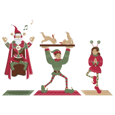 Papá Noel y elfo hacen yoga.  Ilustración