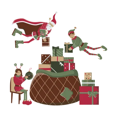 Santa y los elfos sosteniendo una gran bolsa de regalos  Ilustración