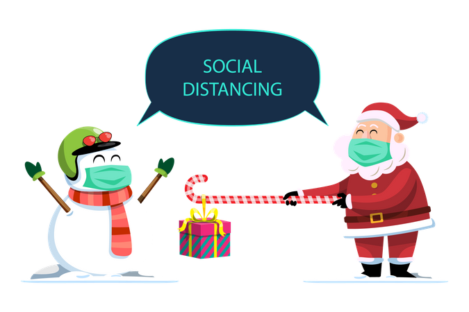 Santa y muñeco de nieve manteniendo la distancia social  Ilustración