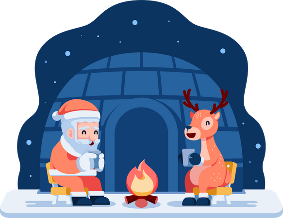 Santa y renos bebiendo té alrededor de una fogata  Ilustración