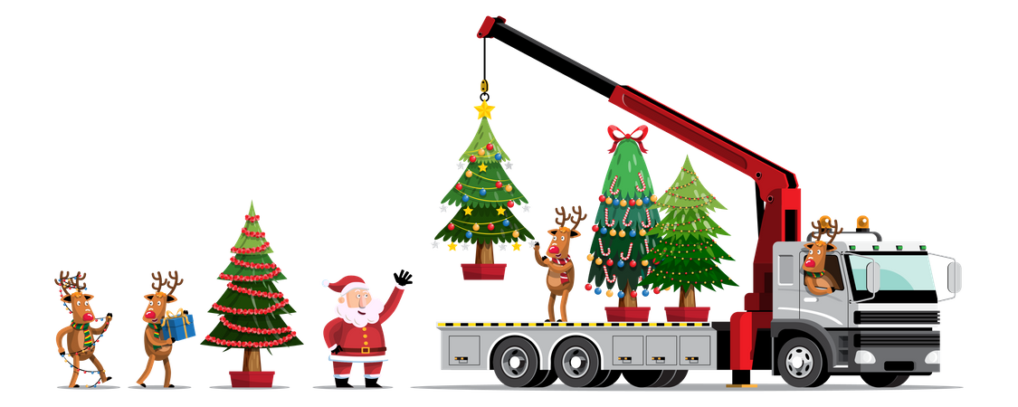 Santa y renos cargando árboles de Navidad en camión usando grúa  Ilustración