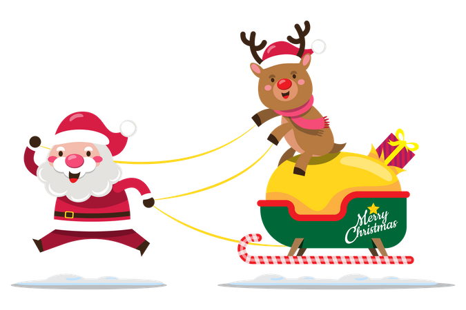 Papá Noel y renos van a entregar regalos.  Ilustración