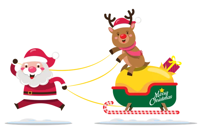 Papá Noel y renos van a entregar regalos.  Ilustración