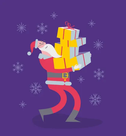 Flat Cartoon Vector Illustration Of A Jolly Character Santa Claus Carries A Lot Of Boxes With Gifts In Their Hands Illustration