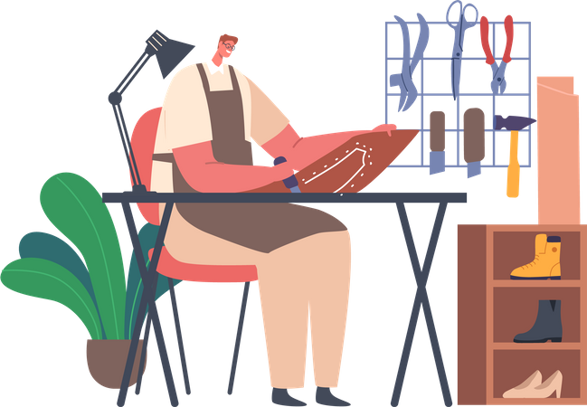 Sapateiro sentado na mesa cortando couro  Ilustração