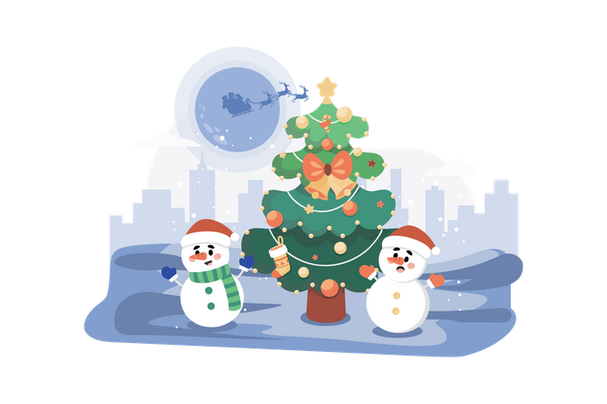 Arbre de Noël avec bonhomme de neige  Illustration