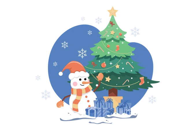 Arbre de Noël avec bonhomme de neige  Illustration