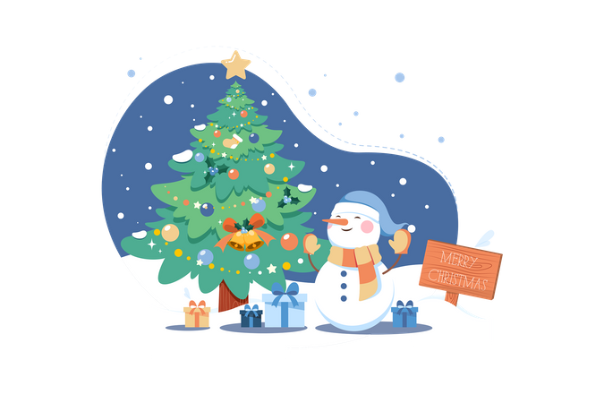 Arbre de Noël avec bonhomme de neige  Illustration