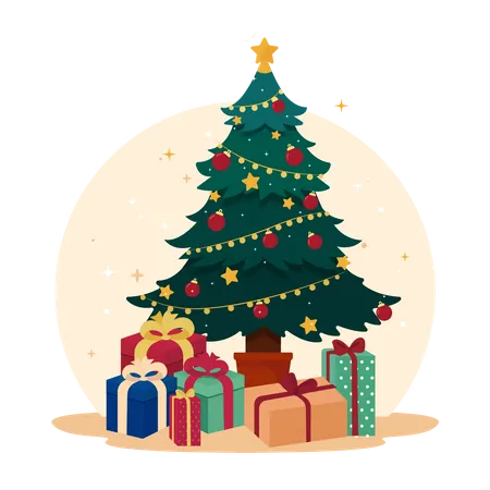 Arbre de Noël avec coffrets cadeaux  Illustration