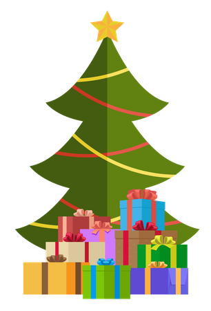 Sapin de Noël décoré avec coffrets cadeaux  Illustration