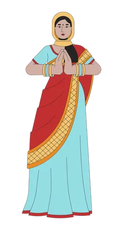Saree Young Woman Praying On Diwali Line Cartoon Flat Illustration Sari Beautiful 2 D Lineart Character Isolated On White Background Worship Of Lakshmi Diwali Celebration Scene Vector Color Image Illustration