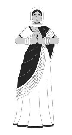Saree Young Woman Praying On Diwali Black And White Cartoon Flat Illustration Sari Beautiful 2 D Lineart Character Isolated Worship Of Lakshmi Diwali Celebrate Monochrome Scene Vector Outline Image Illustration