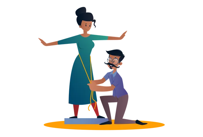 Sastre indio sosteniendo una cinta métrica y midiendo a una dama para vestirse  Ilustración