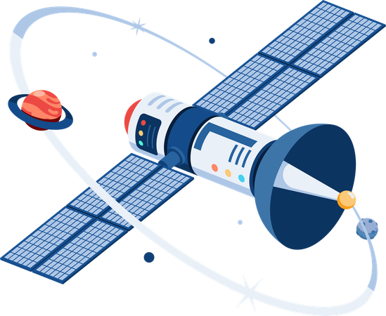 Satélite Espacial Orbitando com Planeta no Espaço  Ilustração