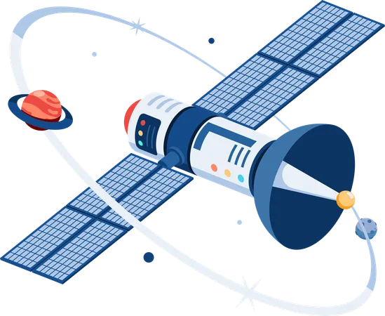 Satelite Espacial Isometrico 3 D Plano Orbitando Com Planeta No Espaco Conceito De Tecnologia E Comunicacao Por Satelite Ilustração
