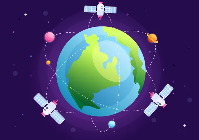 Satélites Artificiais Orbitando o Planeta Terra  Ilustração