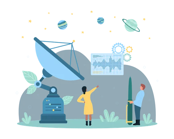 Cartoon Tiny People Receive Or Transmit Signal Of Radio Waves By Parabolic Antenna Woman And Man Work With Equipment And Charts Satellite Dish Transmitter Communication Station Vector Illustration 일러스트레이션