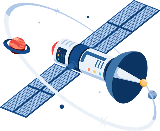 Satellite spatial en orbite avec une planète dans l'espace  イラスト