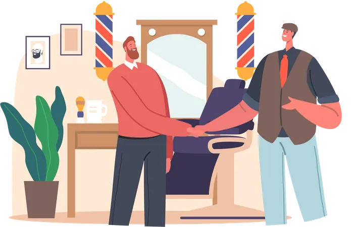 Satisfied Client Shaking Hand To Barber Master In Barbershop Interior With Furniture Poles And Mirror Men Beauty Services Concept Male Care And Fashion Cartoon People Vector Illustration Illustration