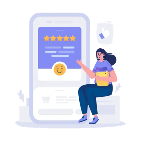A Girl Gives Feedback Satisfied With A 5 Star Rating Illustration Illustration
