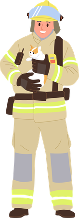 Satisfied firefighter wearing protective suit and helmet holding saved kitten  Illustration