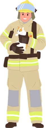 Satisfied firefighter wearing protective suit and helmet holding saved kitten  Illustration