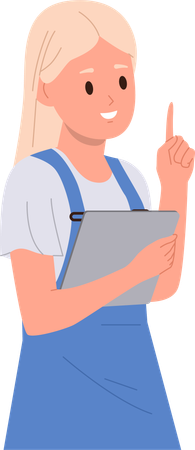 Satisfied girl holding digital tablet and pointing finger up while having idea  Illustration