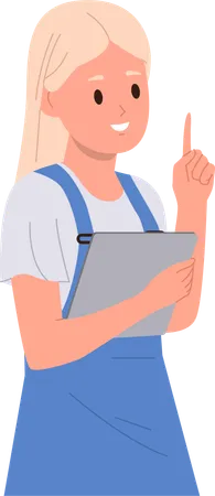 Satisfied girl holding digital tablet and pointing finger up while having idea  Illustration