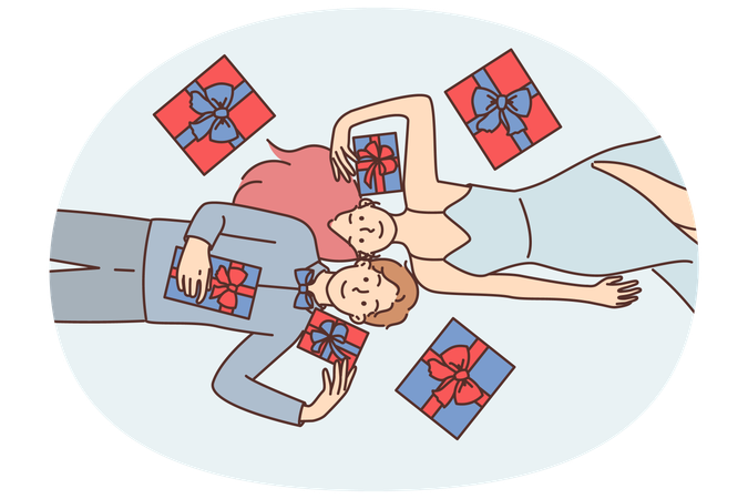 Satisfied man and woman lie on floor among Christmas gift boxes and enjoy festive mood  Illustration