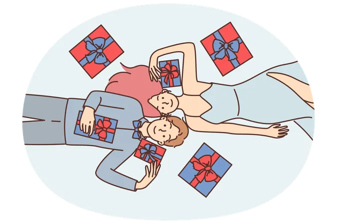 Satisfied man and woman lie on floor among Christmas gift boxes and enjoy festive mood  Illustration