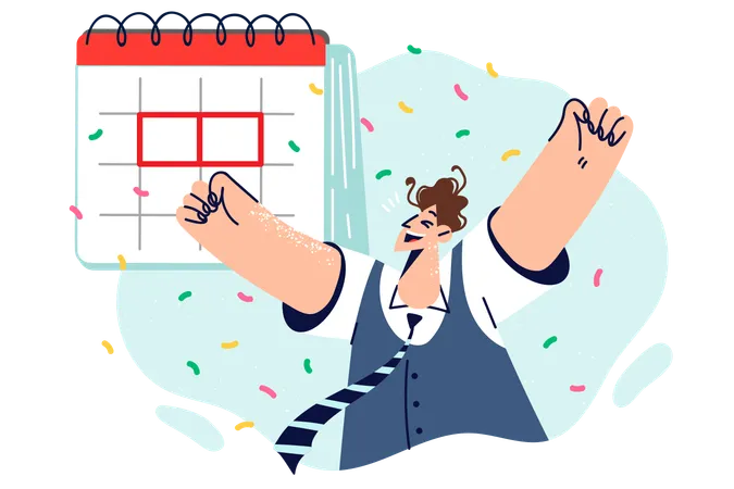 Satisfied Man Near Calendar Rejoices At Approaching Holiday And Proudly Raises Hands Up As Sign Of Success Business Guy Achieved Career Success By Meeting Deadlines And Improving Work Productivity Illustration