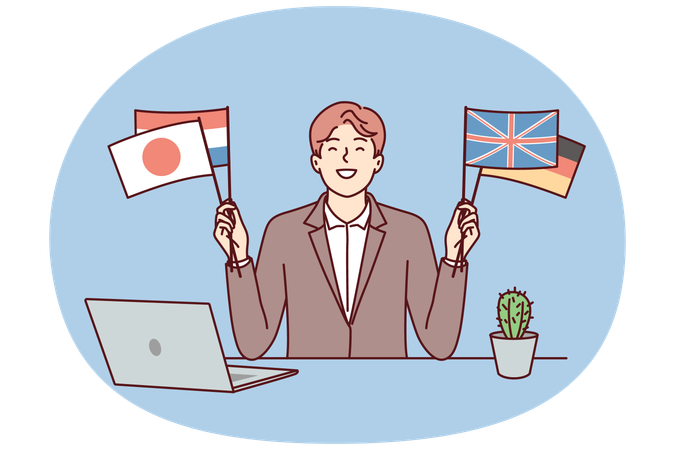 満足そうな男性がテーブルに座り、さまざまな国の国旗を掲げている  イラスト