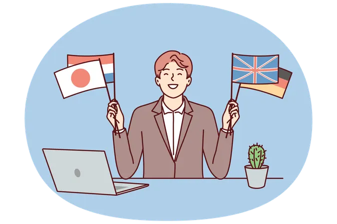 満足そうな男性がテーブルに座り、さまざまな国の国旗を掲げている  イラスト