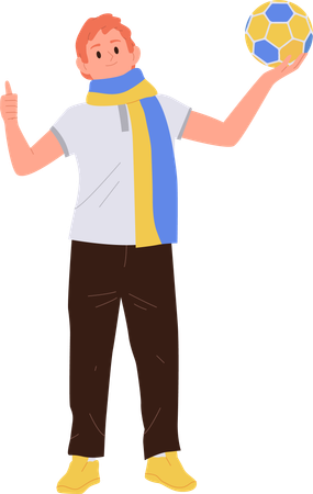 Satisfied man Ukrainian football fan wearing scarf gesturing thumbs up holding soccer ball  Illustration