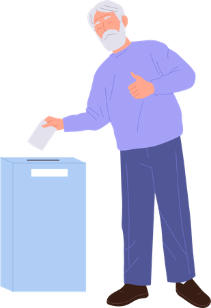 Satisfied old man citizen character participating in civic election campaign standing at vote box  Illustration