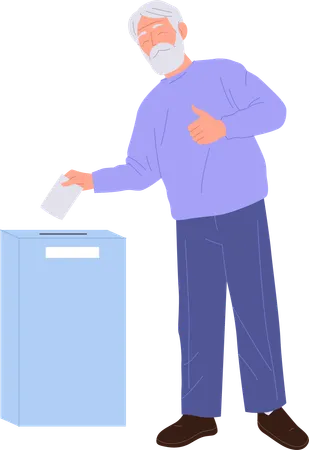 Satisfied old man citizen character participating in civic election campaign standing at vote box  Illustration