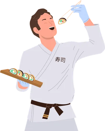 Satisfied sushi master eating self-made dish standing  Illustration