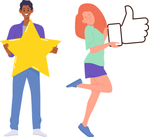 Satisfied users review with man holding star and woman carrying thumbsup  Illustration