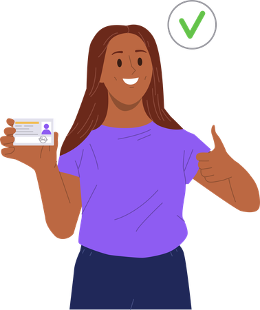 Satisfied woman holding id card gesturing thumbs up after verification  Illustration