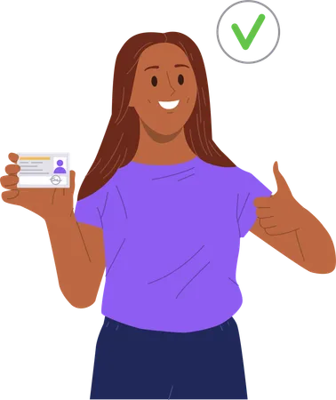 Satisfied woman holding id card gesturing thumbs up after verification  Illustration