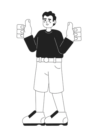 Satisfied Young Man Monochromatic Flat Vector Character Thumbs Up Gesture Everything All Right Editable Thin Line Full Body Person On White Simple Bw Cartoon Spot Image For Web Graphic Design Illustration