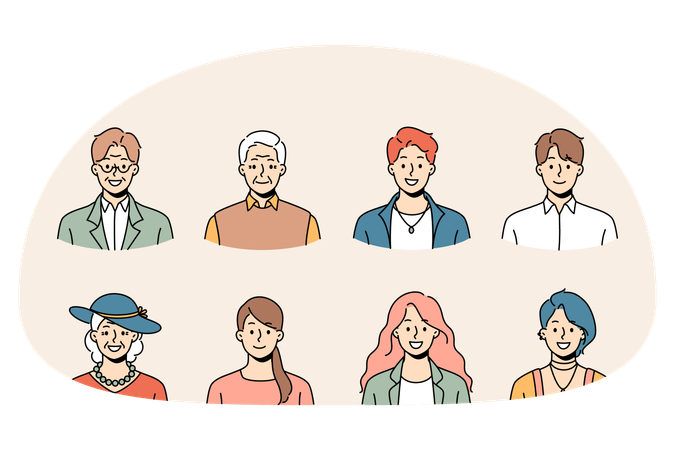 Eine Reihe von Profilbildern unterschiedlicher Menschen unterschiedlichen Alters und Geschlechts  Illustration