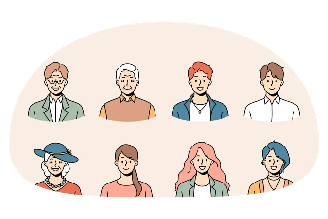 Eine Reihe von Profilbildern unterschiedlicher Menschen unterschiedlichen Alters und Geschlechts  Illustration