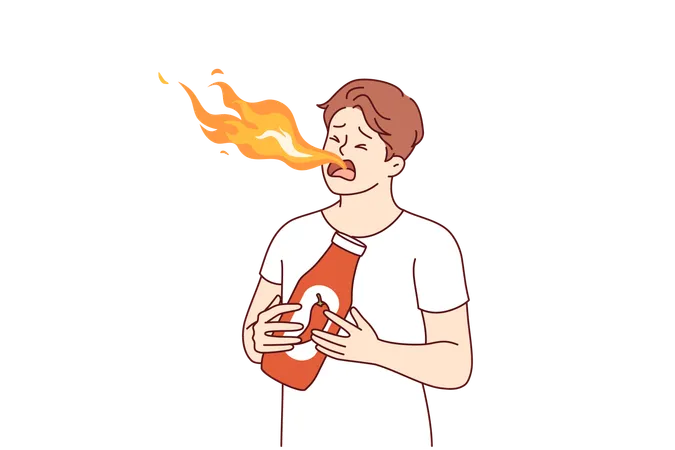 Sauce piquante au piment ou tabasco goûtée par un homme qui crachait du feu par la bouche  Illustration