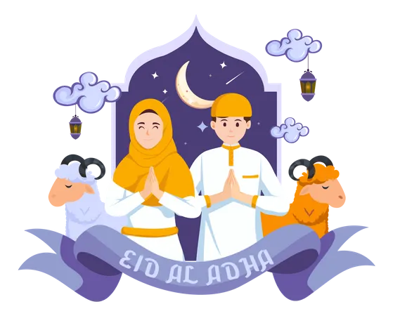 Familia Muculmana Feliz Celebra Eid Al Adha Mubarak Com Uma Cabra Ilustracao De Modelo Vetorial Plano Ilustração