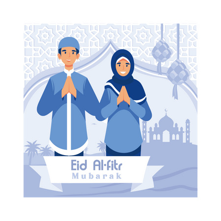 Saudação de casal muçulmano no eid  Ilustração